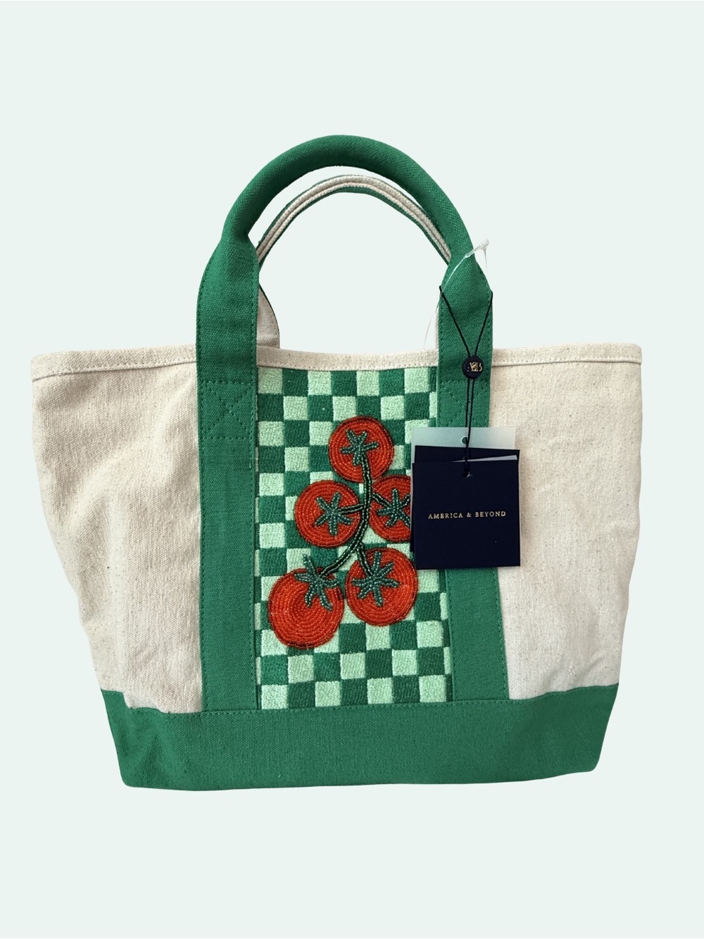 2pc - AMERICA & BEYOND Tomato Beaded Boat Canvas Tote Green & Cream + FREE SCARF